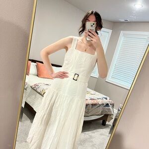 Chic White Cotton Sleeveless Belted Midi Dress